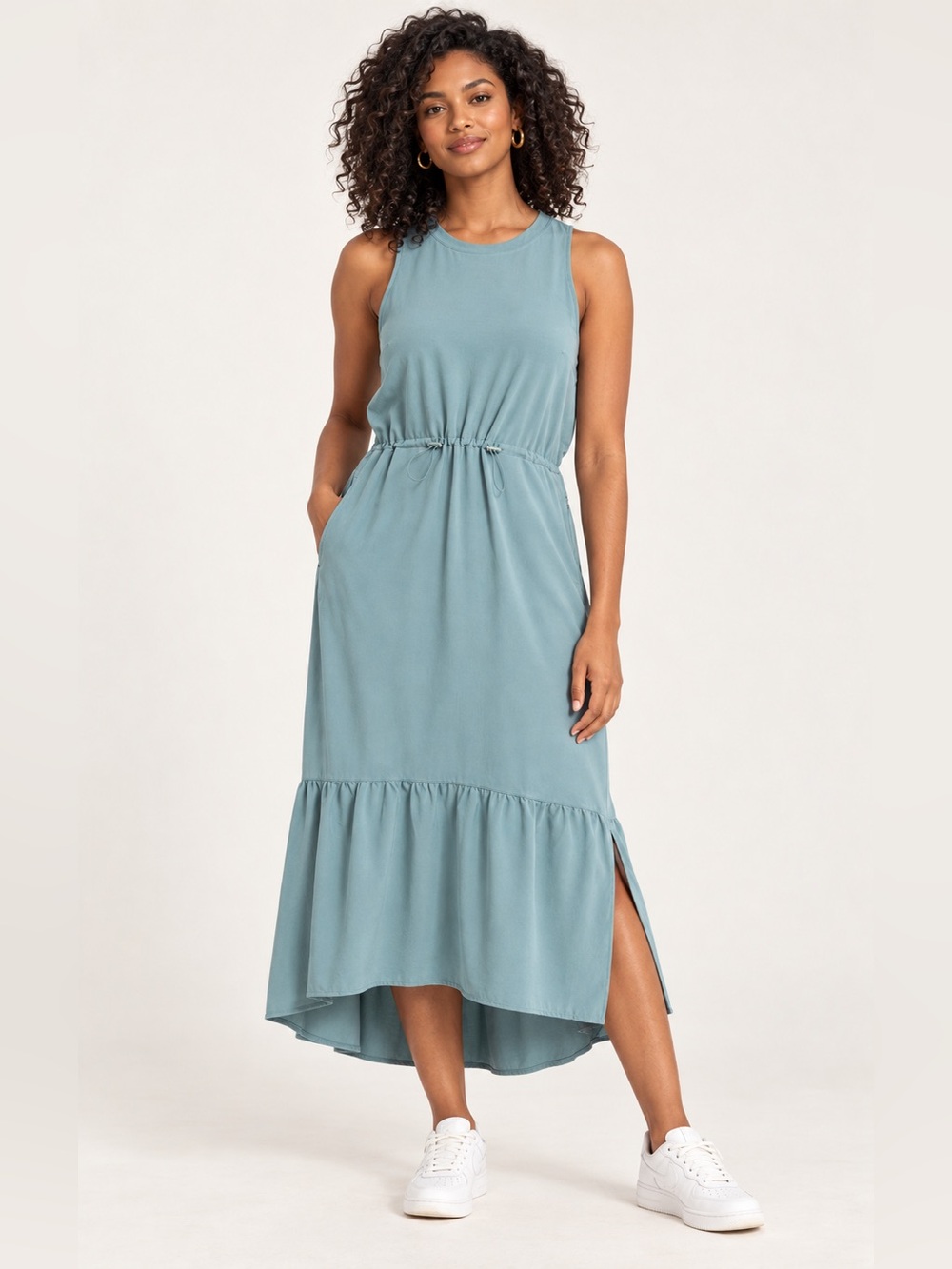 ZELLA Sleeveless Drawstring Waist Hi‑Low Midi Dress NWT